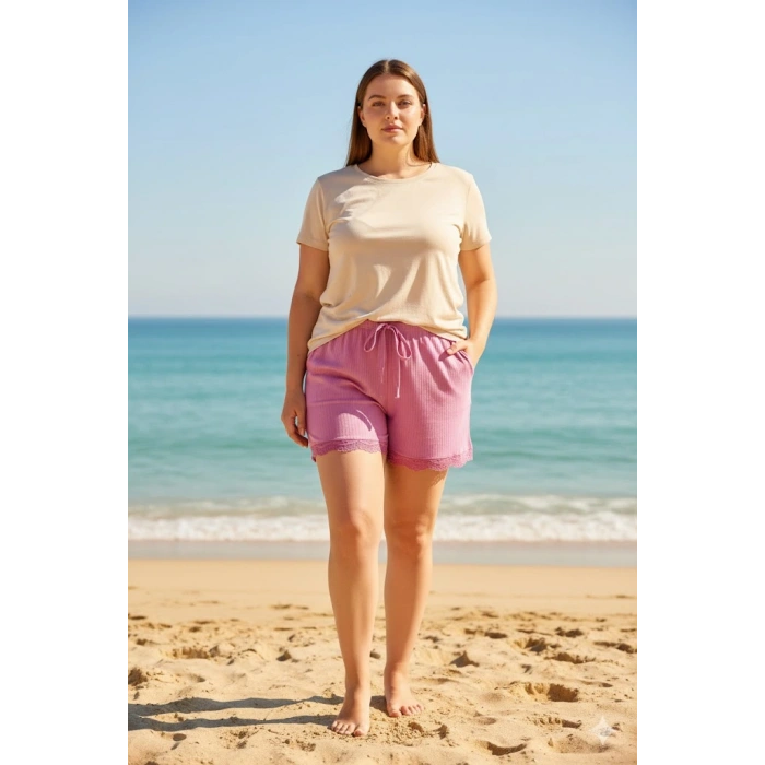 HERŞEYTREND Bambu Fitilli Kadın Ev Şortu Bacak Dantel Detaylı Ev Giyim Pembe
