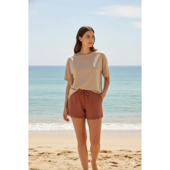 HERŞEYTREND Bambu Fitilli Kadın Ev Şortu Bacak Dantel Detaylı Ev Giyim Taba