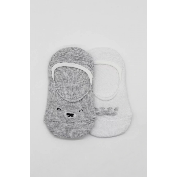 LitaeTrend Bistyle 2li Babet Cute Face Penye Çorap 30103 Gri Beyaz