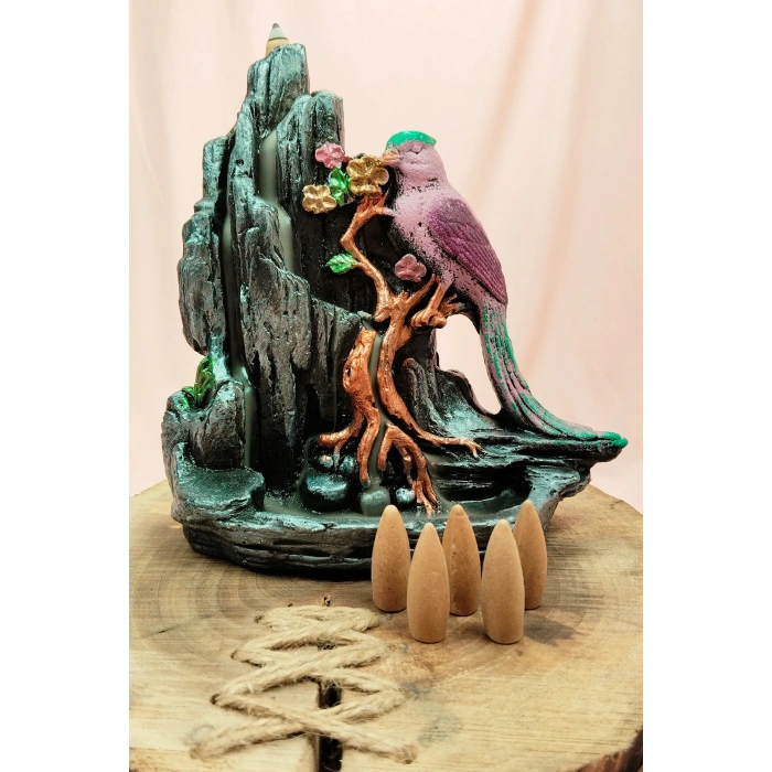 LitaeTrend Buyuk Boy Kuş Figürlü Biblo Model Geri Akış Şelale Tütsülük 5 Adet Koni Hediye