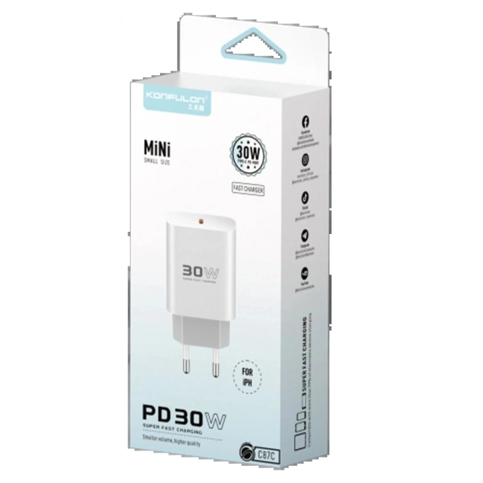 LitaeTrend C87C 30W Type-C Çıkışlı Ekstra DL50 1M Type-C to Lightning Kablolu PD Şarj Cihazı - Beyaz