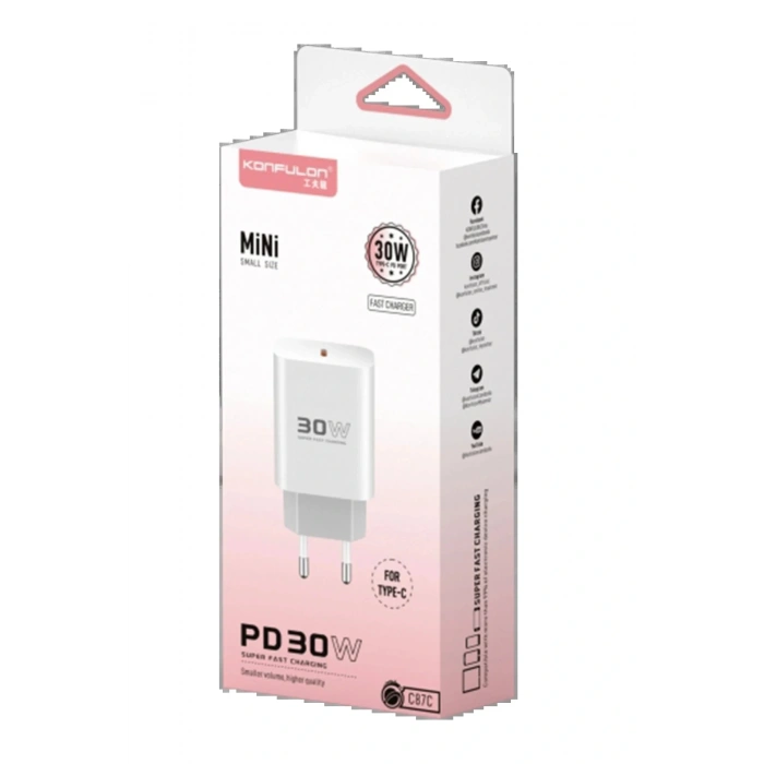 LitaeTrend C87C 30W Type-C Çıkışlı Ekstra DL51 1M Type-C to Type-C Kablolu PD Şarj Cihazı - Beyaz