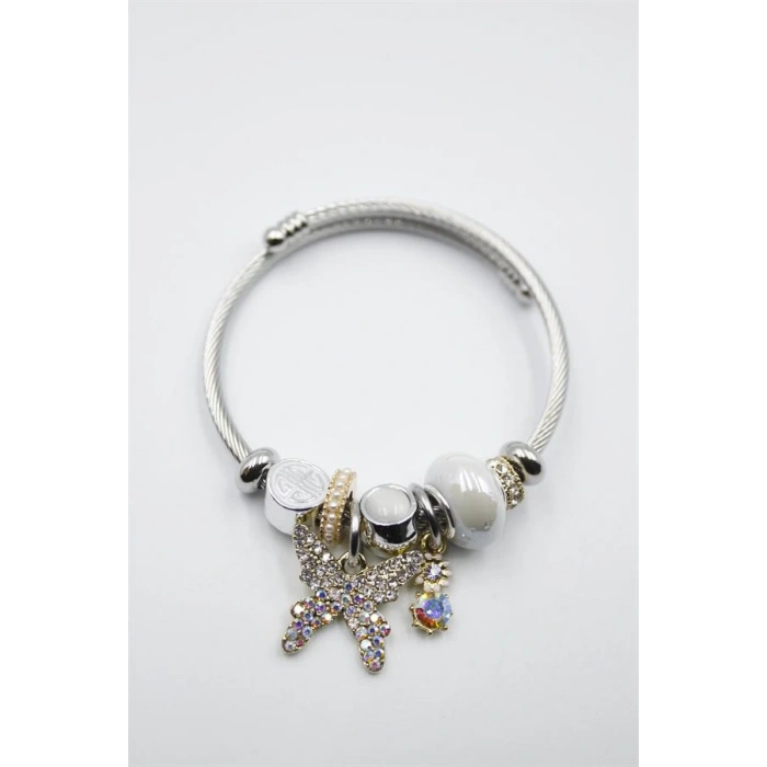 LitaeTrend Çelik Charmlı Kelebek Bileklik - Beyaz