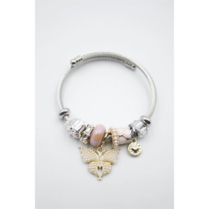 LitaeTrend Çelik Charmlı Kelebek Bileklik - Pembe