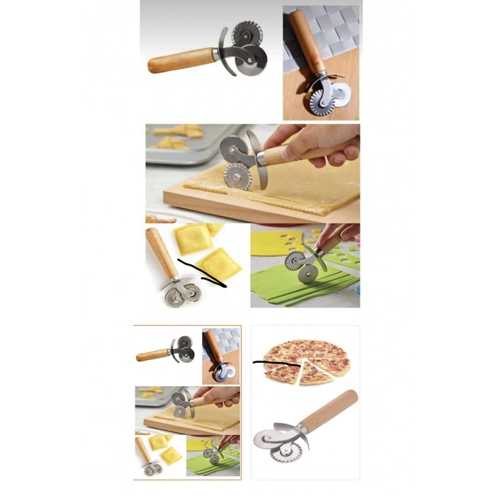 LitaeTrend Çift Başlıklı Ahşap Saplı Pizza Kesici Hamur Kesici