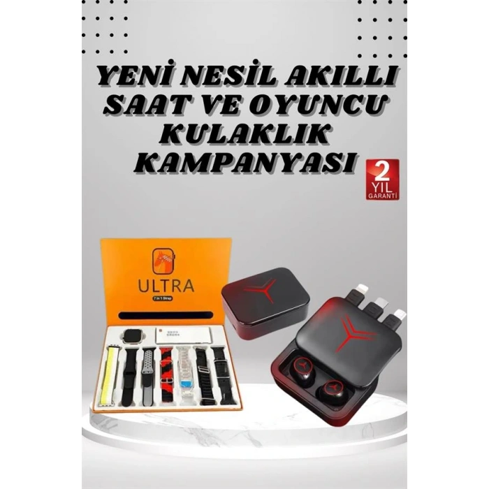 LitaeTrend Dijital Göstergeli Powerbank Kablosuz Kulaklık ve 7 Kordonlu Yeni Nesil Akıllı Saat Dokunmatik Kontrol