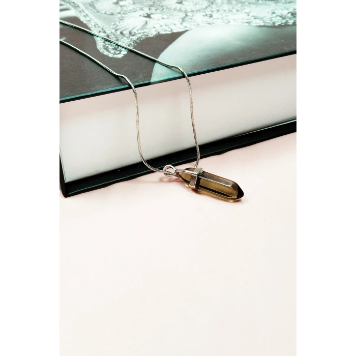 LitaeTrend Dumanlı Kuvars Doğal Taşı Zincirli El Yapımı Kolye Uç: 3 cm Zincir: 20 cm Kutulu