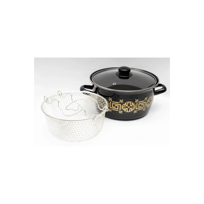 LitaeTrend Emaye Kızartma Tenceresi Siyah Çiçekli 22 Cm Royaleks-69116