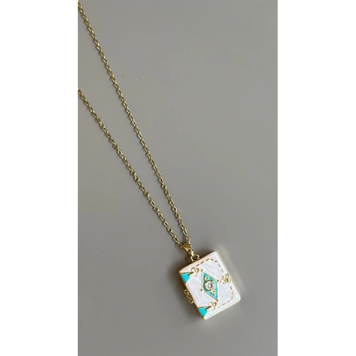 HERŞEYTREND Etnik Desen Kapaklı Kolye - Beyaz