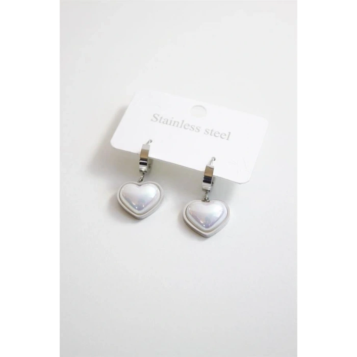 LitaeTrend İncili Çelik Kalp Küpe - Gümüş