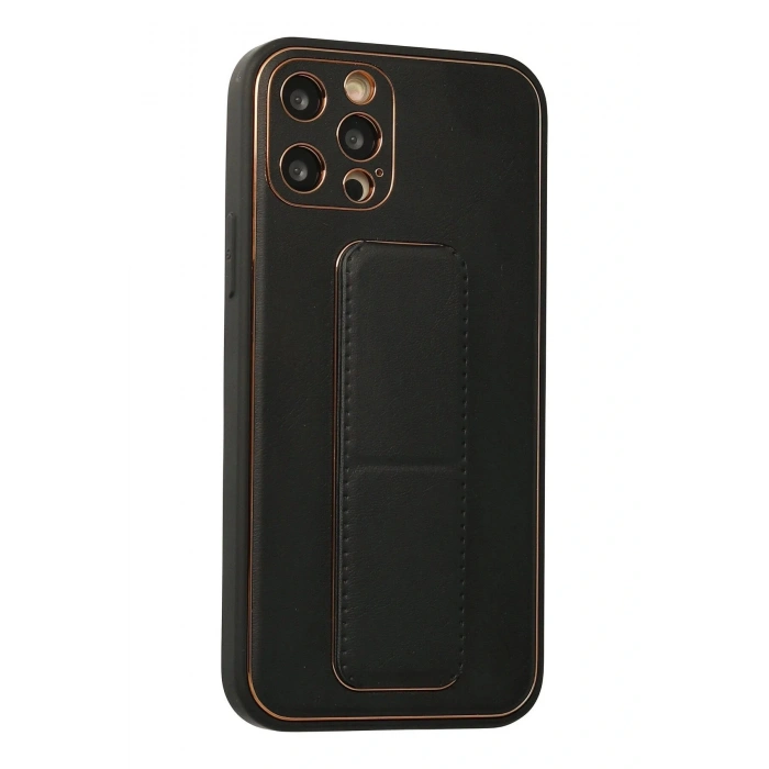 LitaeTrend iPhone 12 Pro Kılıf Coco Deri Standlı Kapak - Siyah