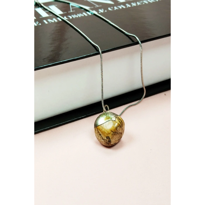 LitaeTrend Jasper Doğal Taşı Zincirli El Yapımı Kolye Uç: 2 cm Zincir: 20 cm Kutulu