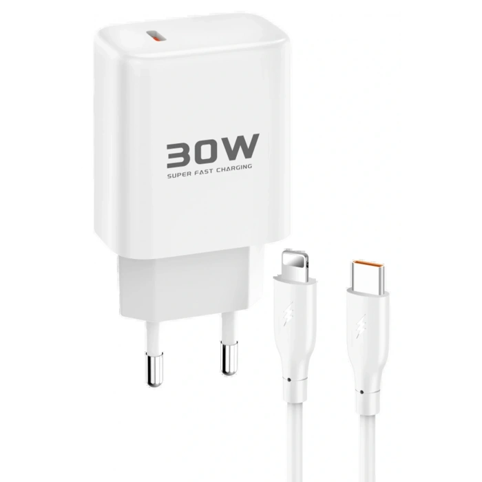 LitaeTrend JK89 30W Type-C Çıkışlı Ekstra DC66 1M Type-C to Lightning Kablolu PD Şarj Cihazı - Beyaz