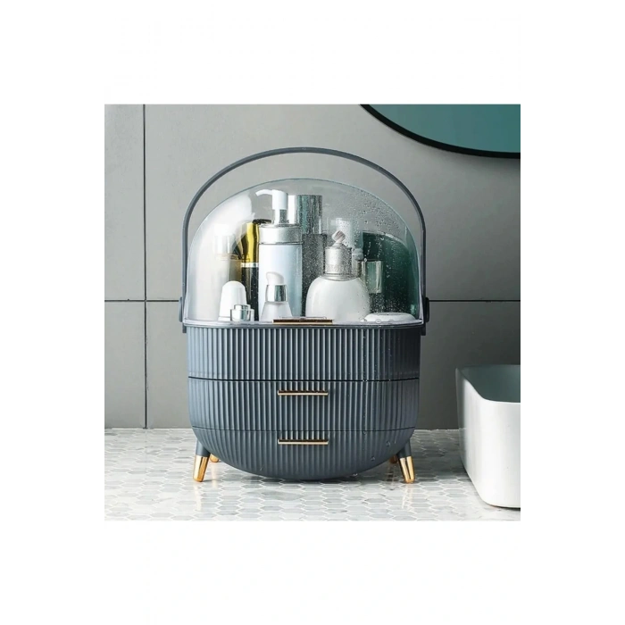 LitaeTrend Kozmetik Makyaj Düzenleyici Organizer Gri Taşıma Kulplu Çekmeceli