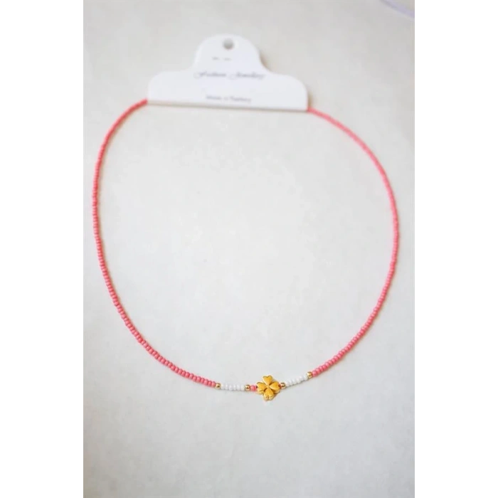 LitaeTrend Kum Boncuklu Yonca Kolye - Nar Çiçeği