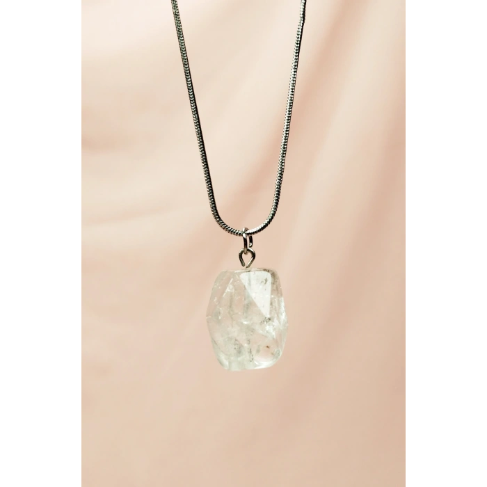 LitaeTrend Kuvars Doğal Taşı Zincirli El Yapımı Kolye Uç: 2 cm Zincir: 20 cm Kutulu