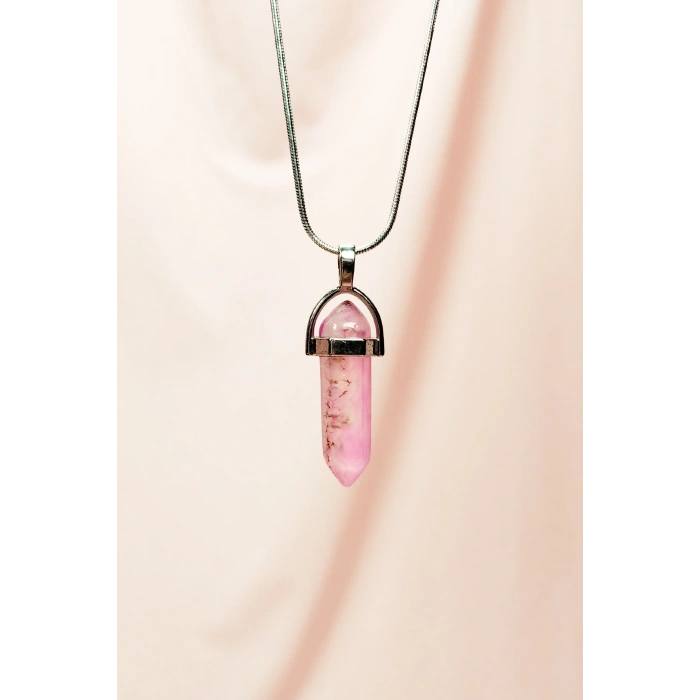 LitaeTrend Pembe Kuvars Doğal Taşı Zincirli El Yapımı Tasarımlı Kolye Uç: 3,5 cm Zincir: 20 cm Kutulu