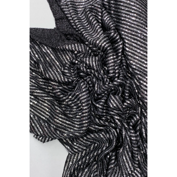 LitaeTrend Sakallı Çizgili Pullu Kumaş  Pullu Payet Kumaş Abiye Nişan Düğün Siyah