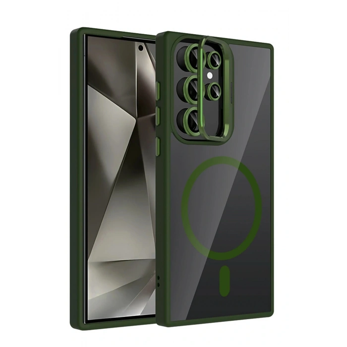 LitaeTrend Samsung Galaxy S23 Ultra Remim Lensli Magsafe Standlı Kapak - Koyu Yeşil