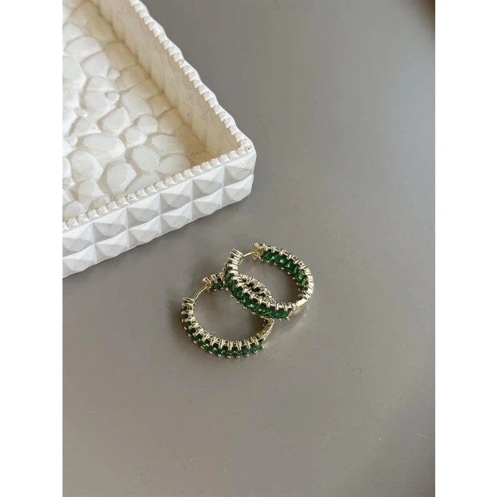 LitaeTrend Taşlı Halka Küpe - Yeşil