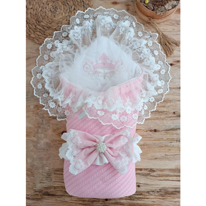 LitaeTrend Tericotton Taç Nakışlı İncili Güpür Çift Fiyonk Papatya Güpür Trilüks Kundak Bebek Battaniyesi Pembe