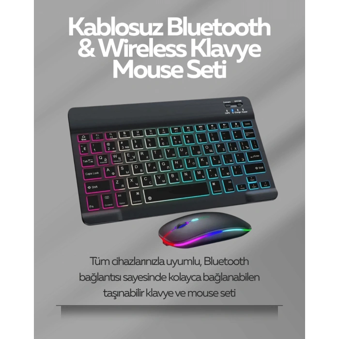 LitaeTrend Tüm Cihazlarla Uyumlu RGB Işıklı Kablosuz Klavye ve Mouse Seti