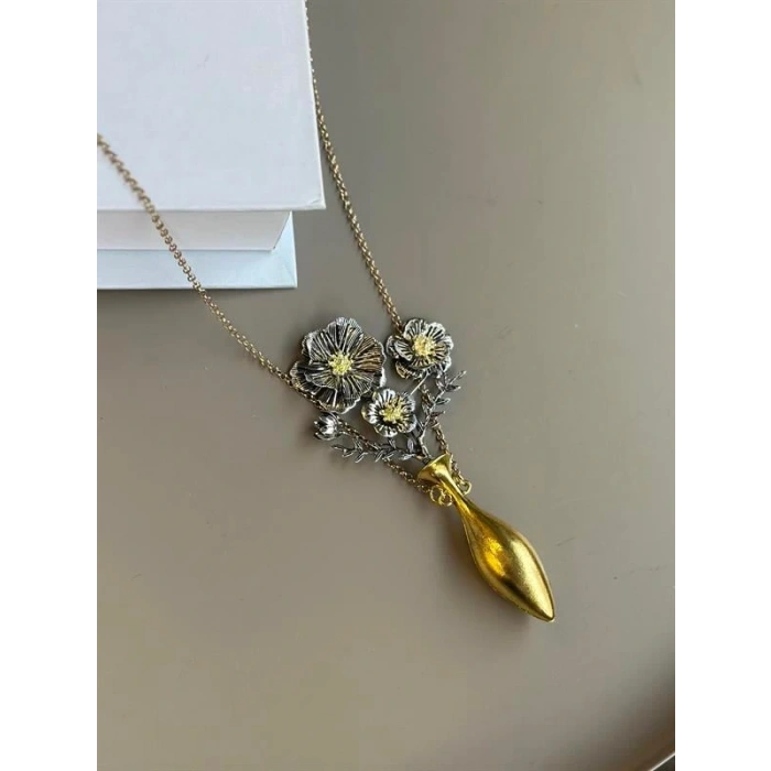 LitaeTrend Vazodaki Çiçekler Kolye - Altın