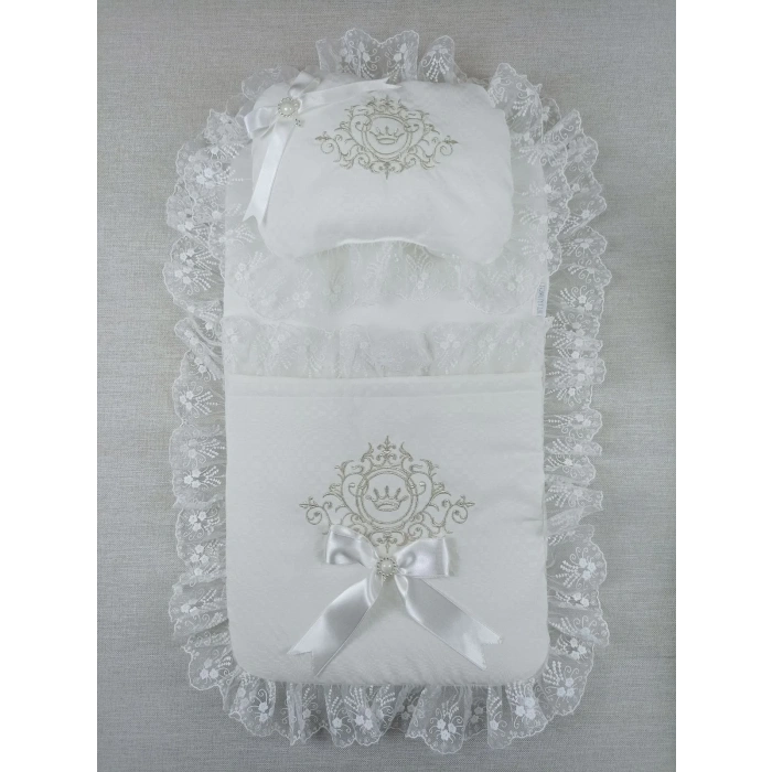 LitaeTrend Yenidoğan Bambu Taç Nakışlı Kundaklı Trilüks 3lü Alt Açma Seti Ekru