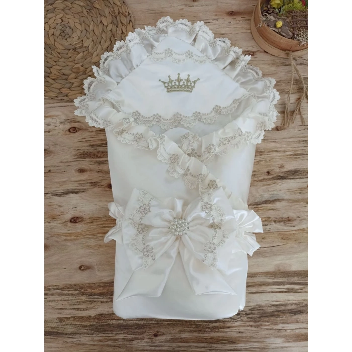 LitaeTrend Yenidoğan Harika Kelebek Nakışlı Trilüks Kundak Bebek Battaniyesi Ekru