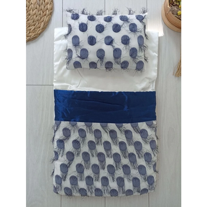 LitaeTrend Yenidoğan İzmir İncisi Tül İşlemeli Pamuklu Fiyonklu Kundaklı Lüks 3lü Alt Açma Seti Lacivert