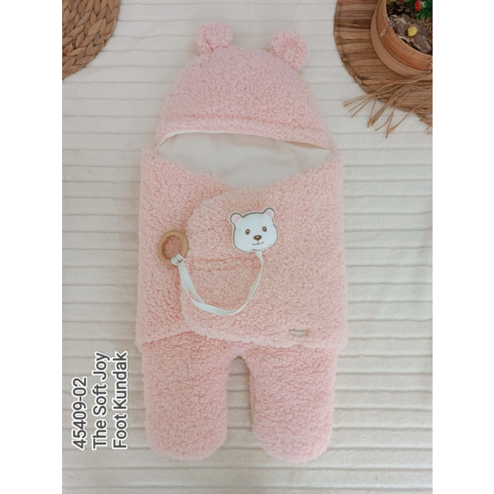 LitaeTrend Yenidoğan Kulaklı Şapkalı Açılır Kucaklı Cırt Kapamalı Ayaklı Bebek Battaniyesi Kundak Pembe