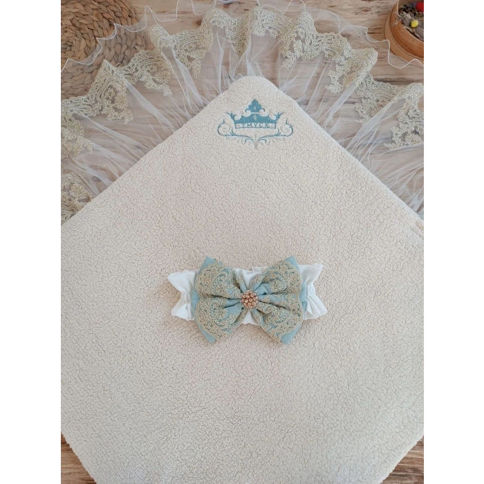 LitaeTrend Yenidoğan Kuzulu Taç Nakış Güpürlü Fiyonklu Duvaklı Prizma Taş Unisex Kundak Bebek Battaniyesi Su Yeşili