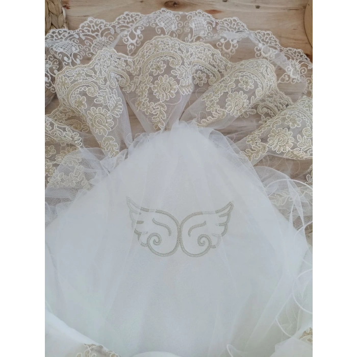 LitaeTrend Yenidoğan Sahra Taç Nakışlı Gold Angel Trilüks Kundak Bebek Battaniyesi Ekru