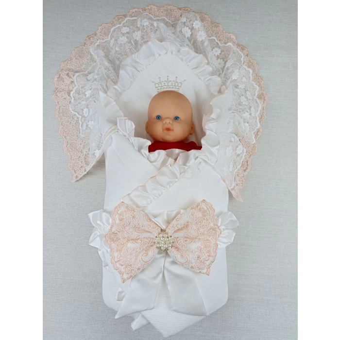 LitaeTrend Yenidoğan Sahra Taç Nakışlı Trilüks Kundak Bebek Battaniyesi Ekru