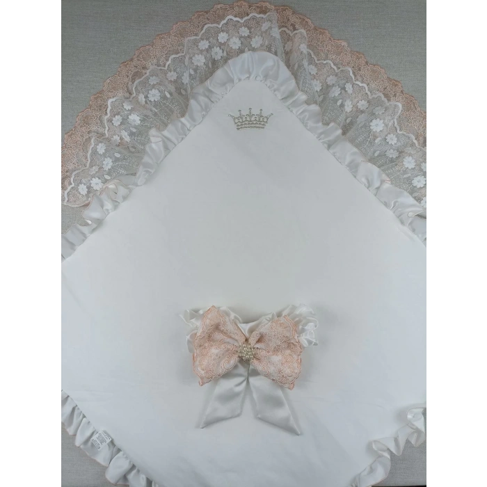 LitaeTrend Yenidoğan Sahra Taç Nakışlı Trilüks Kundak Bebek Battaniyesi Ekru
