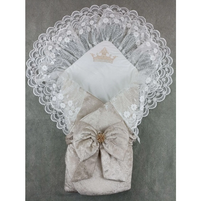 LitaeTrend Yenidoğan Saray Kadife Taç Nakışlı İnci Fiyonklu Çift Dantel Duvak Trilüks Kundak Bebek Battaniyesi Vizon-ekru