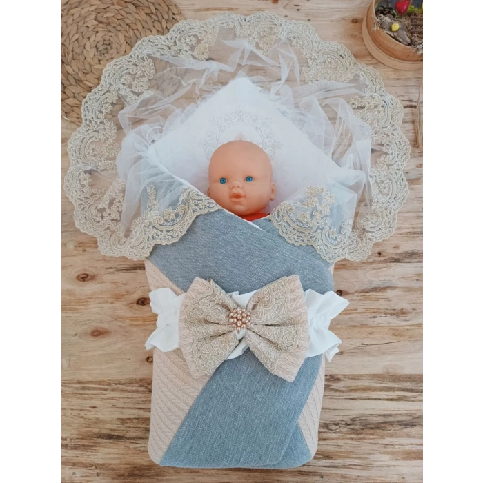 LitaeTrend Yenidoğan Teri Cotton Taç Nakışlı Prizma Taş Kundak Bebek Battaniyesi Bej
