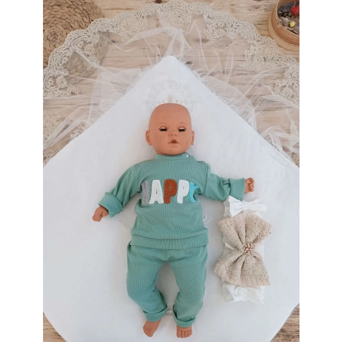 LitaeTrend Yenidoğan Teri Cotton Taç Nakışlı Prizma Taş Kundak Bebek Battaniyesi Bej