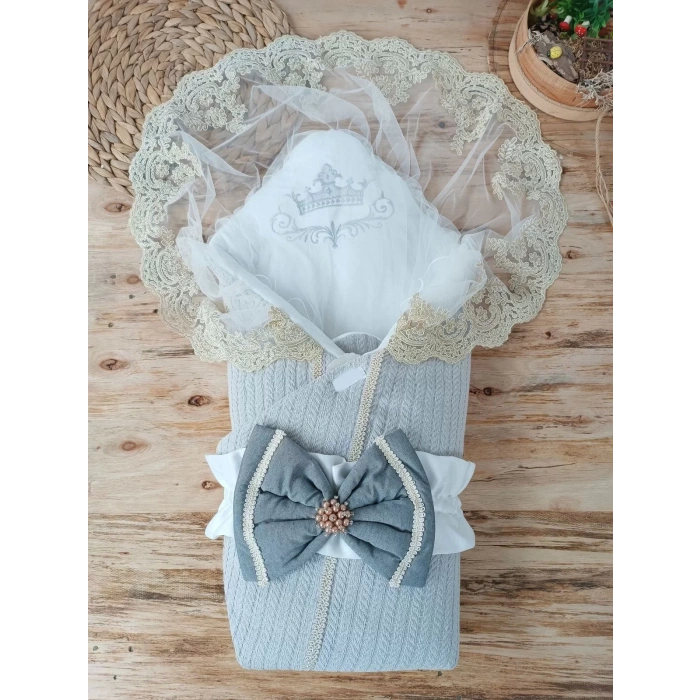 LitaeTrend Yenidoğan Tericotton Örgülü Trilüx Bebek Battaniyesi Kundak Gri