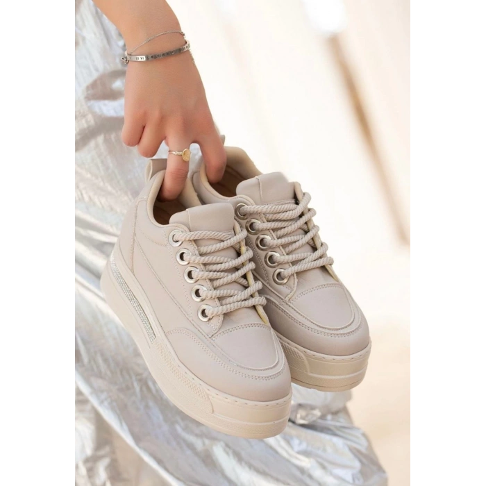 Lulu Bej Cilt Bağcıklı Spor Ayakkabı