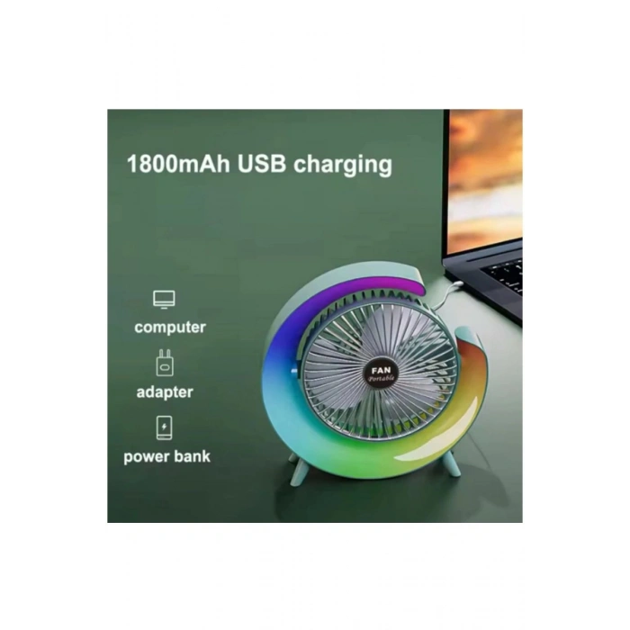 Masaüstü Vantilatör Usb Şarjlı Rgb Led Işıklı 3 Kademeli 180° Ayarlanabilir Soğutucu Fan Mavi
