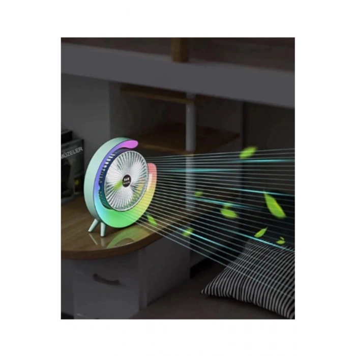 Masaüstü Vantilatör Usb Şarjlı Rgb Led Işıklı 3 Kademeli 180° Ayarlanabilir Soğutucu Fan Yeşil