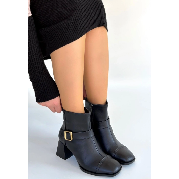 HERŞEYTREND Mejjo Siyah Cilt Topuklu Bot