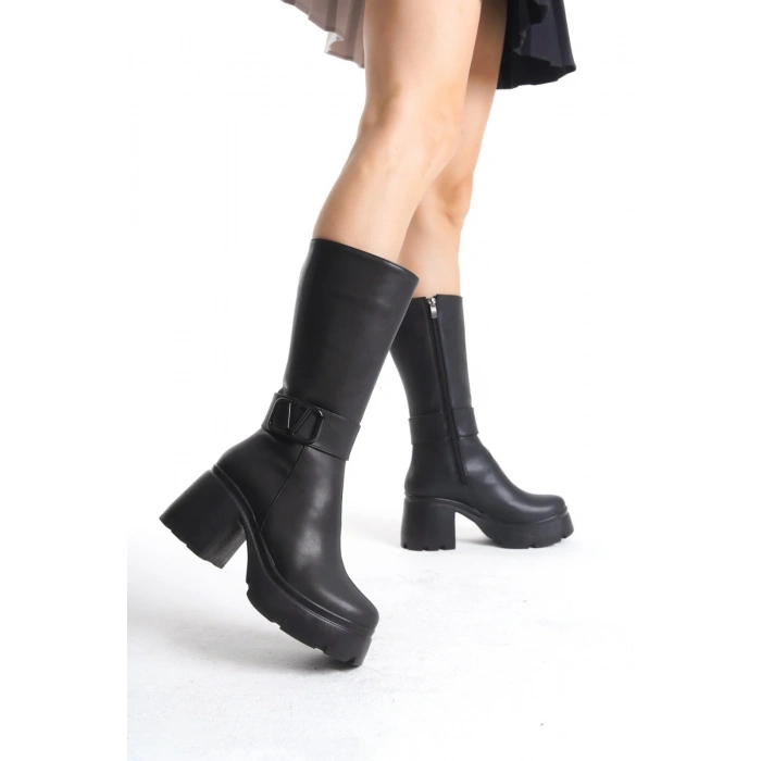 Moki Siyah Cilt Topuklu Çizme