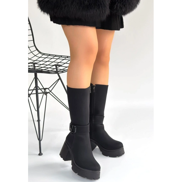 HERŞEYTREND Moki Siyah Nubuk Topuklu Çizme