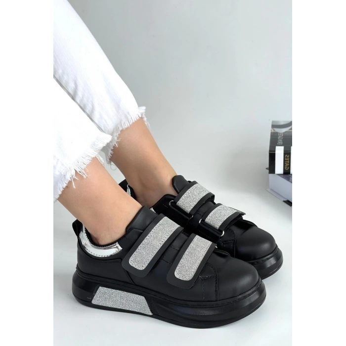 Nino Siyah Cilt Simli Cırt Cırtlı Spor Ayakkabı