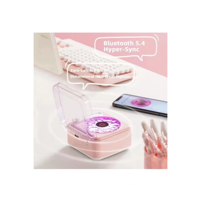 Nostalji Mini Plak Görünümlü Radyolu Bluetooth Hoparlör 3d Ses Dalgası Retro Müzik Plak Pembe