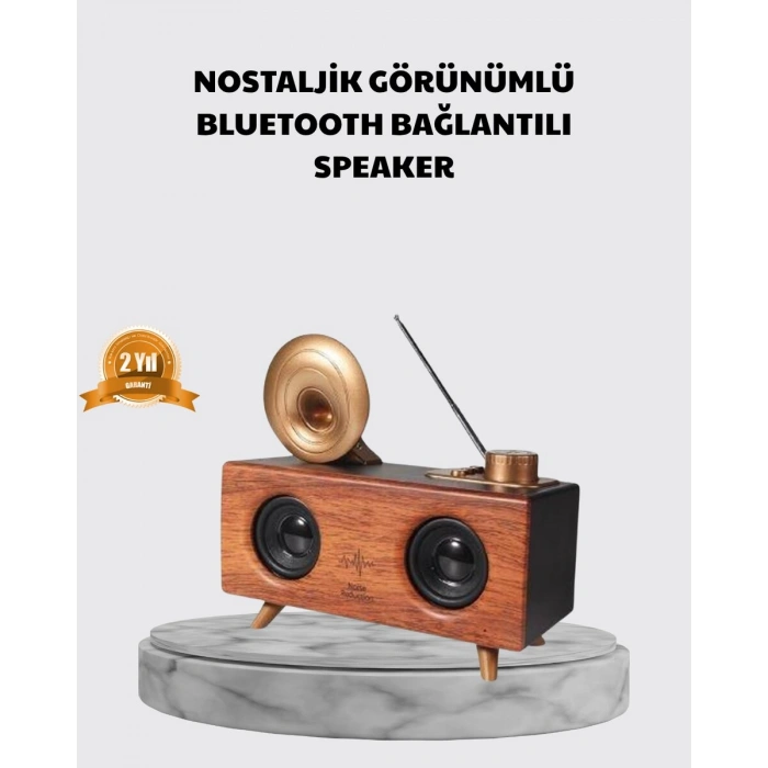 Nostaljik Gramofon Bluetooth Hoparlör – FM Radyo + USB + SD Kart Destekli