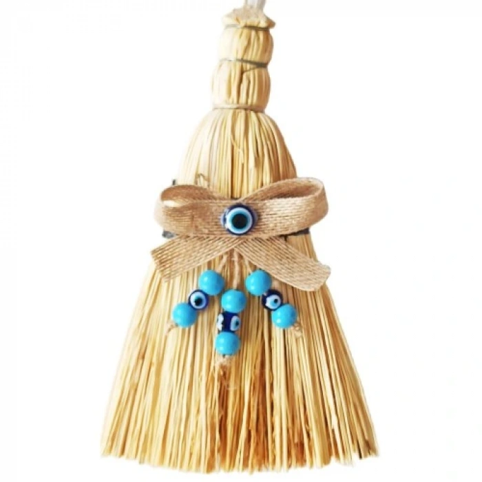 HERŞEYTREND Otantik Ahşap Boncuklu Mini Süpürge Nazar Boncuklu Duvar Süsü