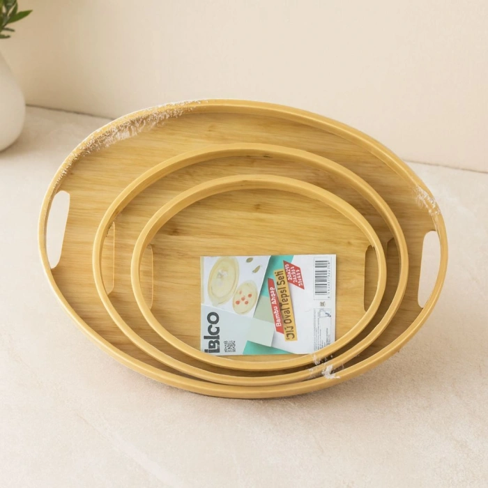 Oval Bambu Ahşap Tepsi Seti 3lü (20x29, 26x36, 31x45 cm)